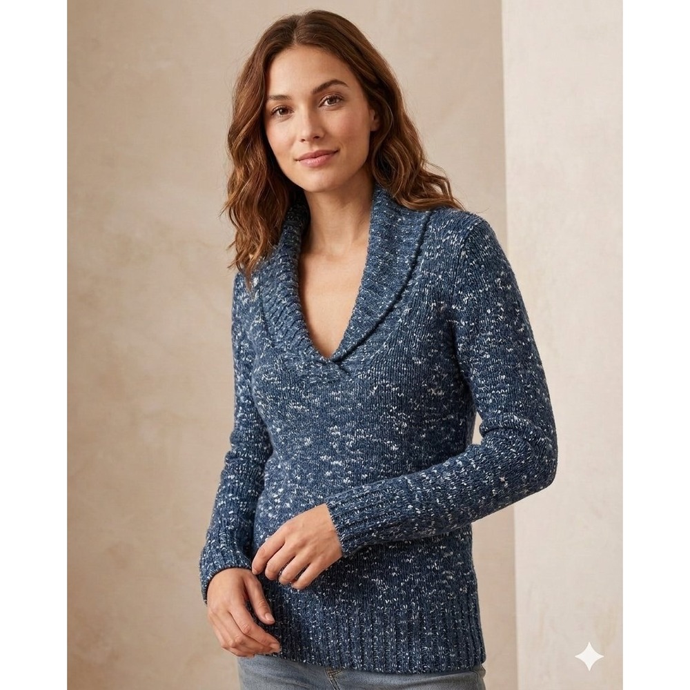 Yarn Art Womens Large Cowl Neck Blue White Marled Knit Acrylic Blend Sweater